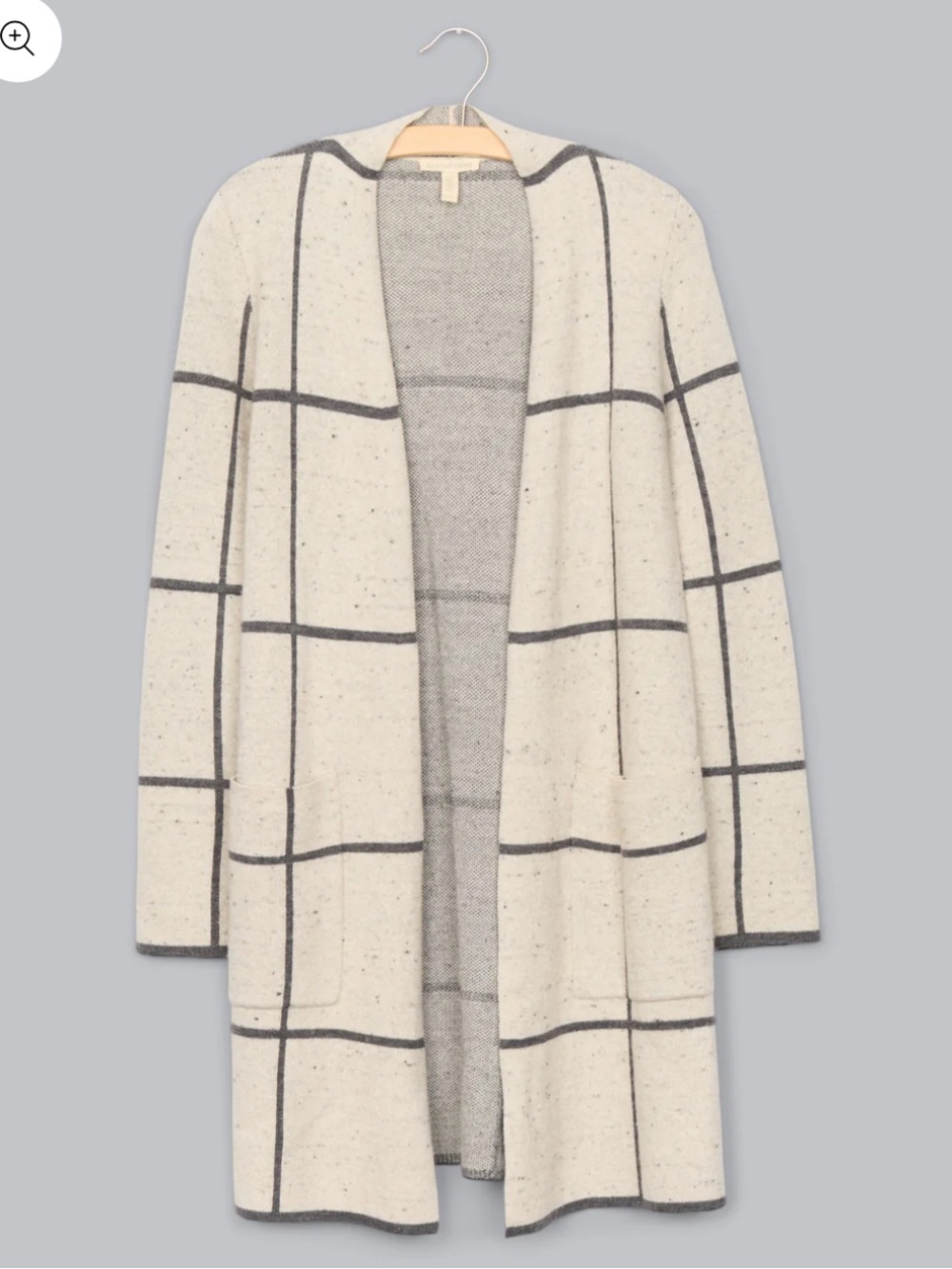 Eileen Fisher Peppered Windowpane Wool Organic Cotton Open Front Cardigan Large